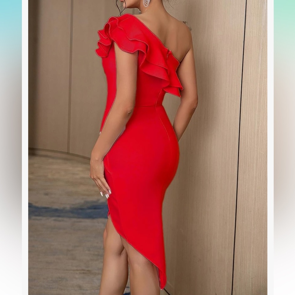 New  Women One Shoulder Ruffle Side Split Bodycon Bandage Dress - Picture 4 of 7